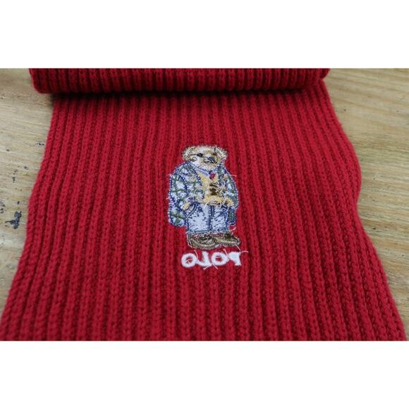 Polo Ralph Lauren Scarf Mens Red Ribbed Wool Blend Winter Toggle Coat Bear Logo - Picture 3 of 6